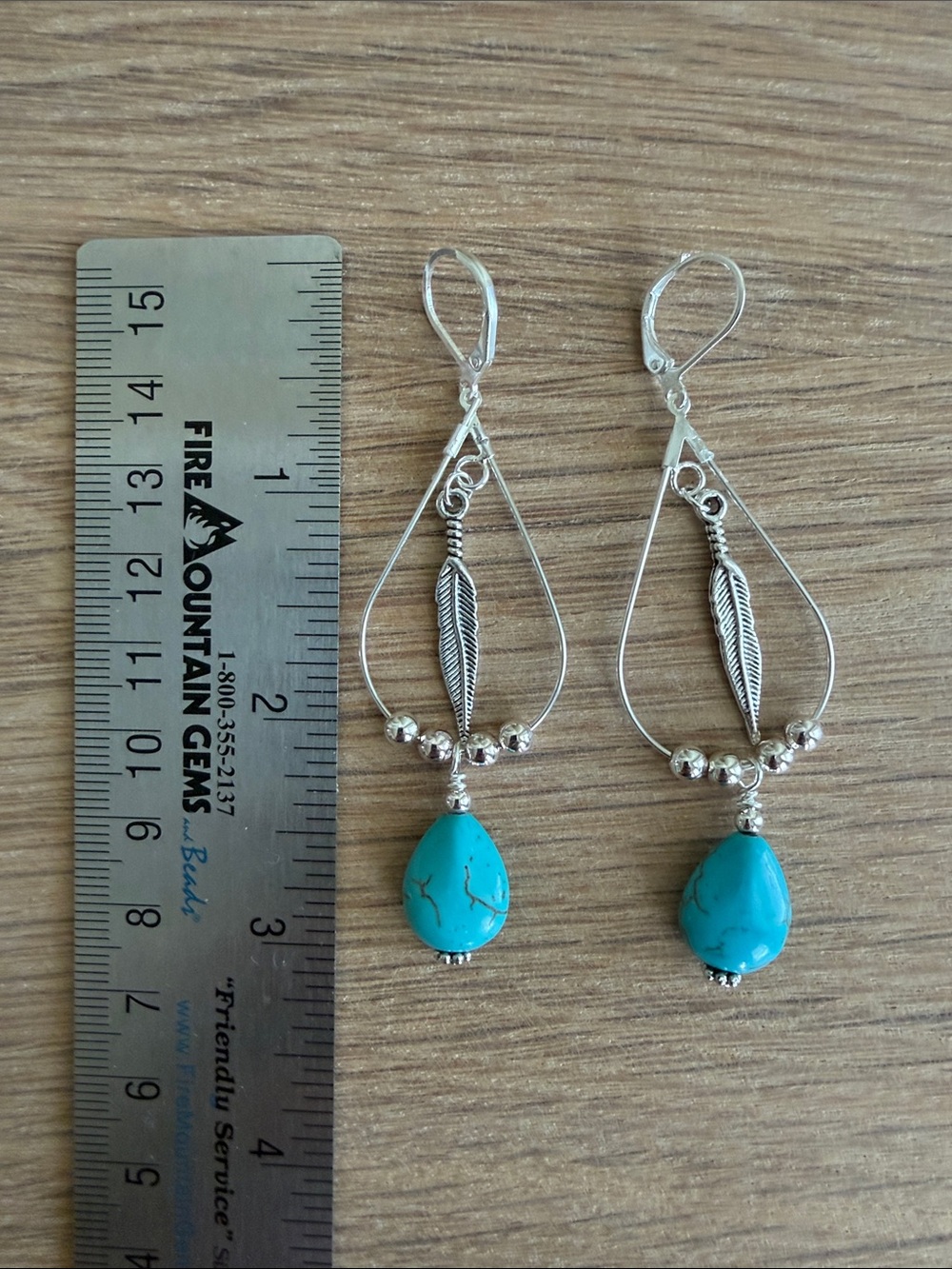 HAND CRAFTED HOWLITE TEARDROP EARRINGS Feather Western Boho - Picture 8 of 9